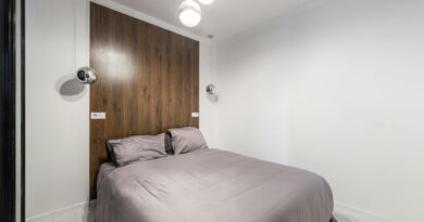 A cozy, modern bedroom with warm ambient lighting