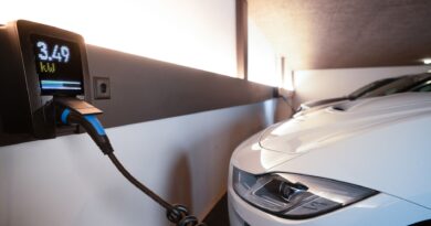 An electric vehicle plugged into a wall charger inside a modern residential garage