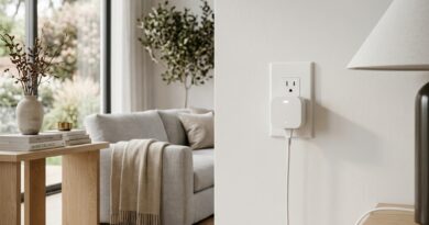 A beautifully designed smart plug monitoring energy in a modern home