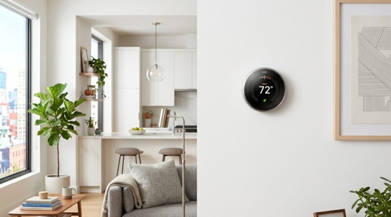 A modern smart thermostat on a clean white wall