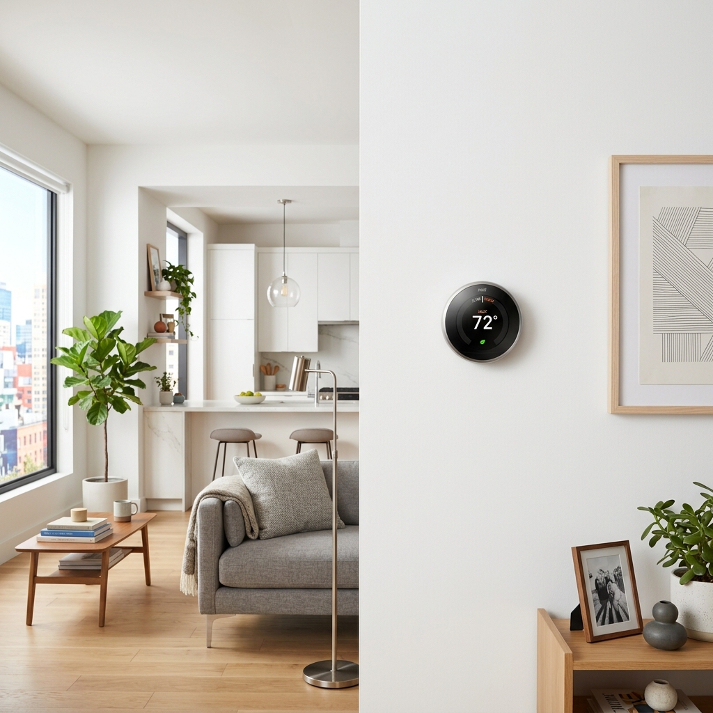 A modern smart thermostat on a clean white wall